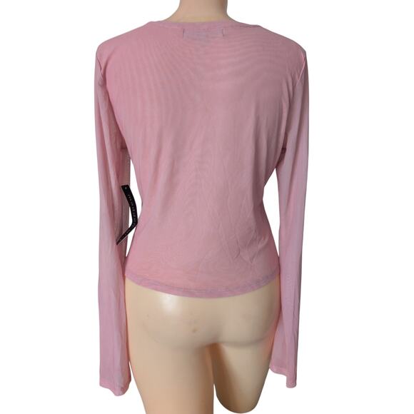 Beaded Cherry Print Sheer Mesh Top Women XL Y2K Coquette Indie Sleaze Pink Crop - Picture 2 of 8